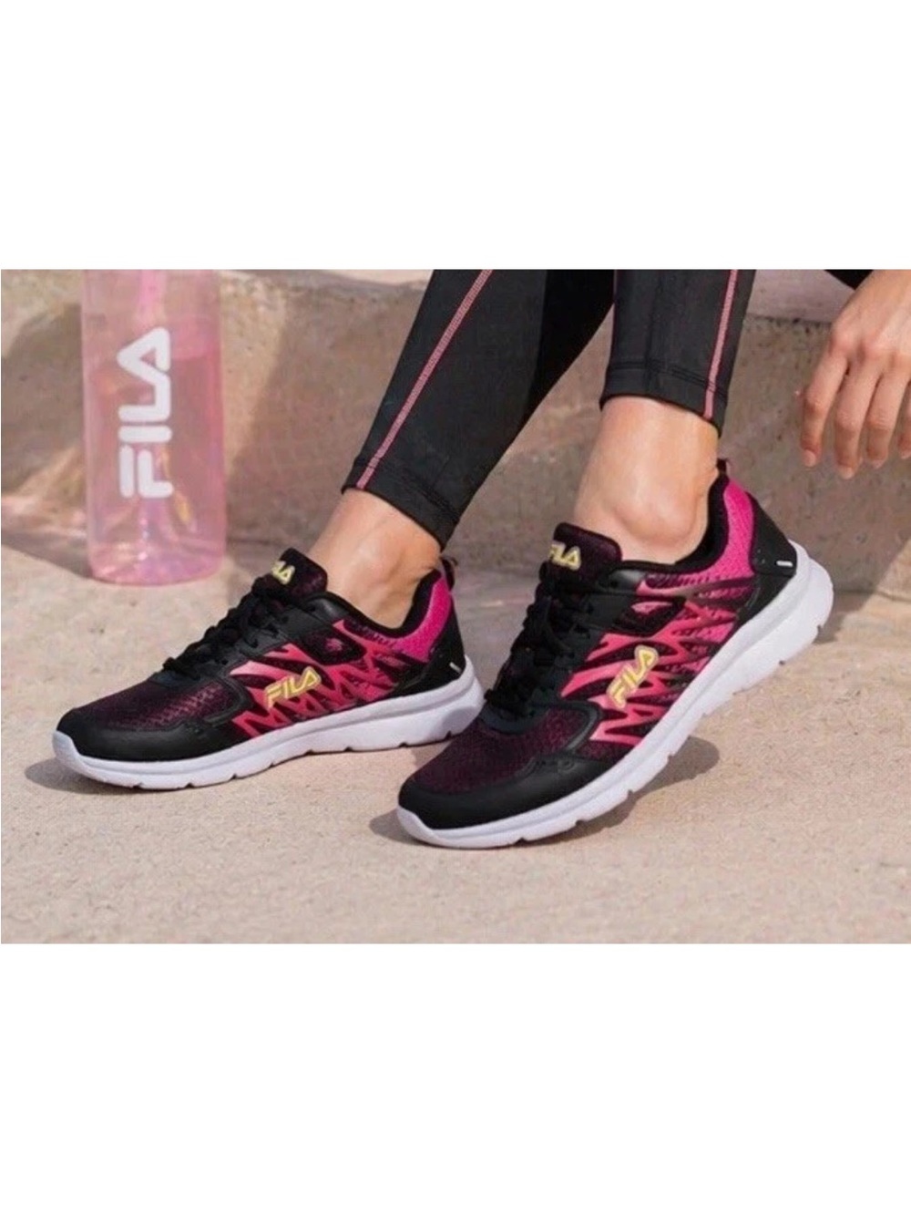 FILA Women's Black and Pink Running Sneakers with Yellow Logo